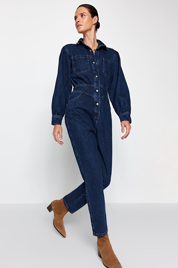 Lacivert Balon Kollu Denim Tulum TWOAW22TU0041 - 1