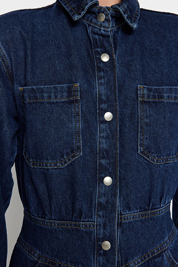 Lacivert Balon Kollu Denim Tulum TWOAW22TU0041 - 5