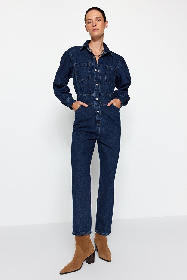 Lacivert Balon Kollu Denim Tulum TWOAW22TU0041 - 2