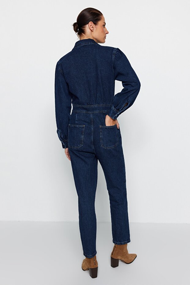 Lacivert Balon Kollu Denim Tulum TWOAW22TU0041 - 6