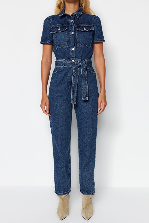 Niebieski dżinsowy kombinezon z paskiem TWOSS20TU0156 - 8