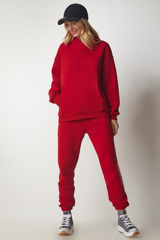 Damski czerwony dres polarowy z kapturem DD00762 - 1