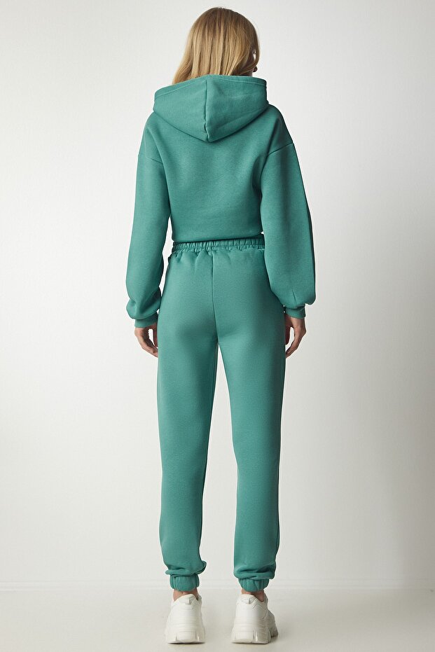 Women's Dark Green Hooded Ribbed Tracksuit Set DD00762 - 9