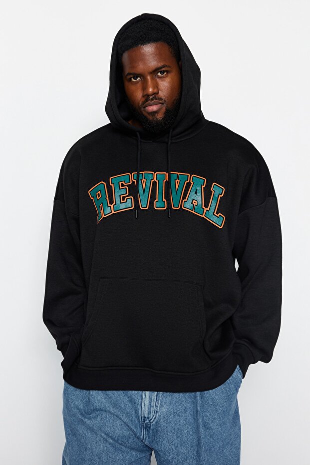 Černá unisex mikina s kapucí plus velikost oversize/široký střih fleece uvnitř Tmnaw24Ao00021 - 2