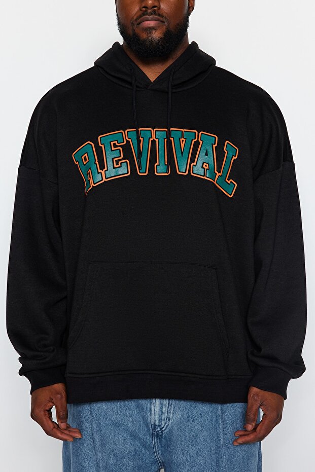 Černá unisex mikina s kapucí plus velikost oversize/široký střih fleece uvnitř Tmnaw24Ao00021 - 3