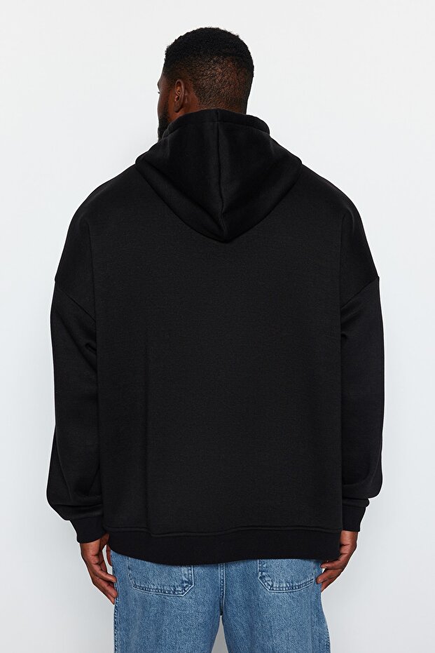 Černá unisex mikina s kapucí plus velikost oversize/široký střih fleece uvnitř Tmnaw24Ao00021 - 6