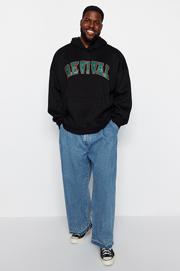 Černá unisex mikina s kapucí plus velikost oversize/široký střih fleece uvnitř Tmnaw24Ao00021 - 5