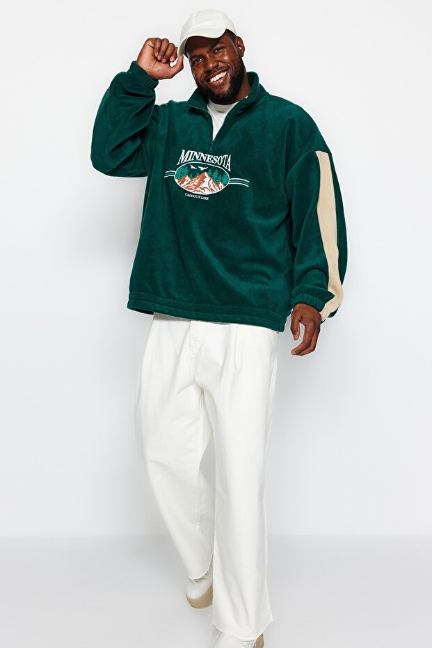 Unisex Emerald Green Oversize Fleece Sweatshirt - Embroidered, Anti-Pilling, Plus Size Tmnaw24Ao00023 - 2