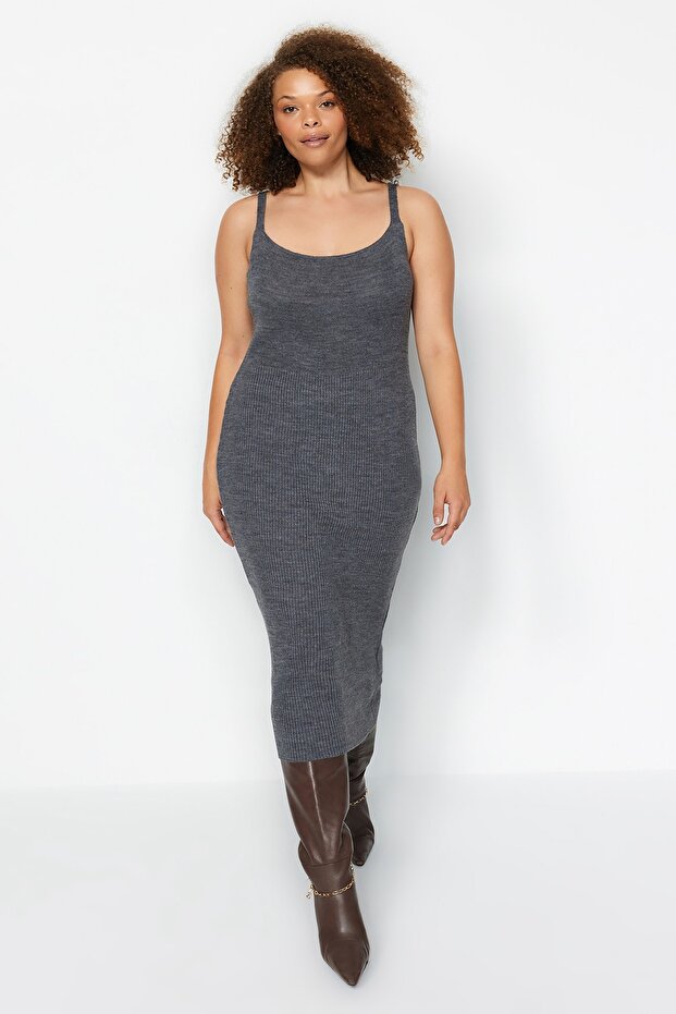 Antracitové midi páskové 2dílné úpletové šaty Cardigan-Dress TBBAW24AH00016 - 4