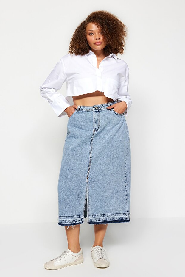Mavi Ön Yırtmaçlı Midi Boy %100 Pamuk Non-Stretch Büyük Beden Denim Etek TBBSS23AZ00054 - 3