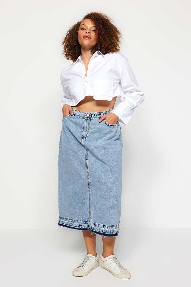 Mavi Ön Yırtmaçlı Midi Boy %100 Pamuk Non-Stretch Büyük Beden Denim Etek TBBSS23AZ00054 - 2