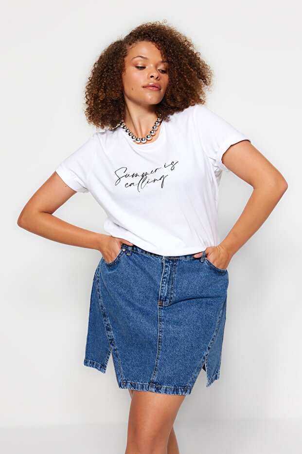 Mavi Çift Yırtmaçlı A line Comofrt/Orta Esnek BüyüK Beden Denim Etek TBBSS23AZ00056 - 2