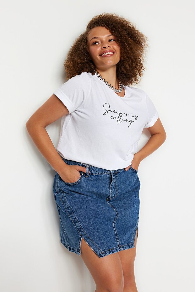 Mavi Çift Yırtmaçlı A line Comofrt/Orta Esnek BüyüK Beden Denim Etek TBBSS23AZ00056 - 3