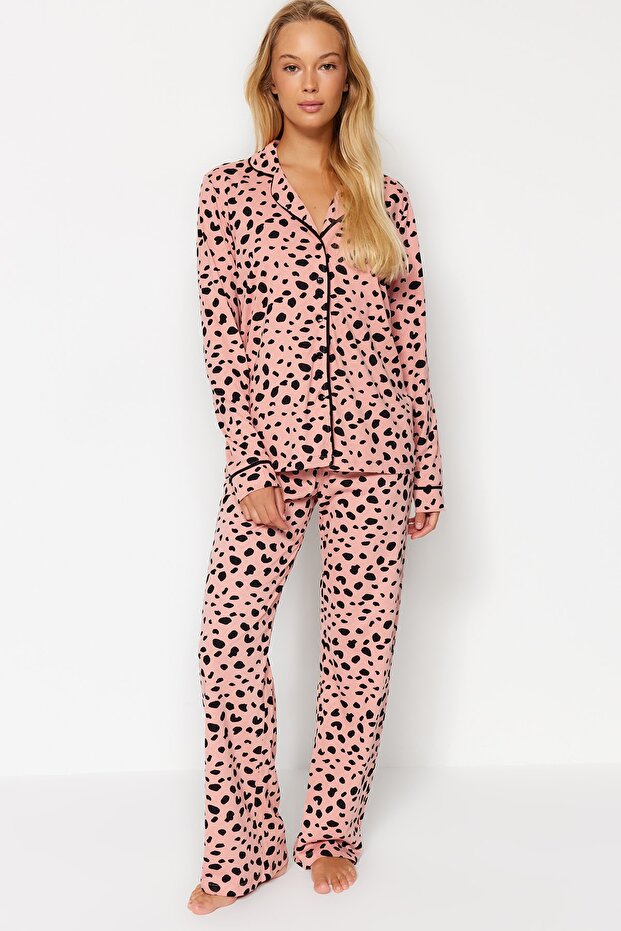 Pudra %100 Pamuklu Leopar Desenli Gömlek-Pantolon Örme Pijama Takımı THMAW21PT0489 - 3