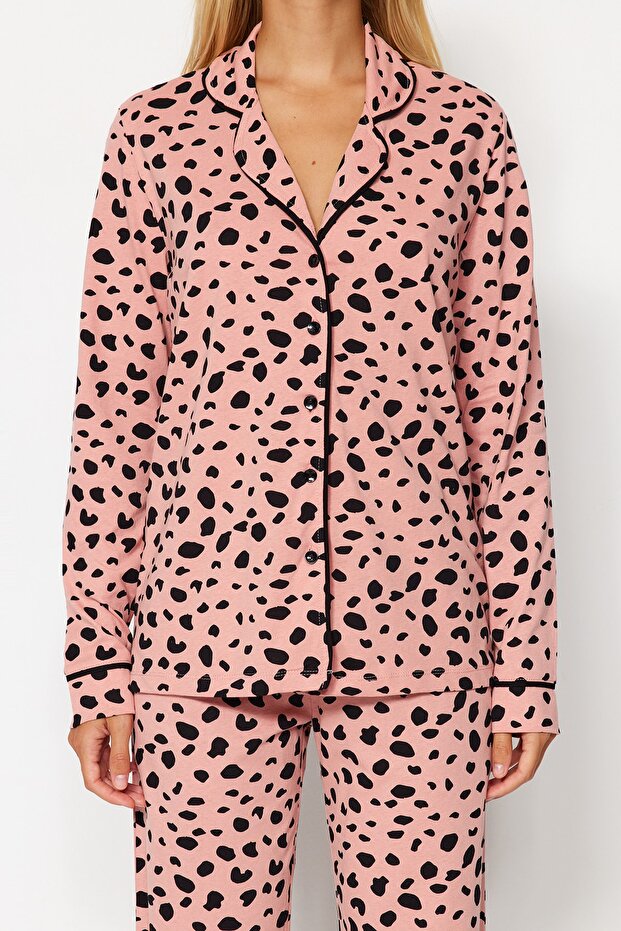 Pudra %100 Pamuklu Leopar Desenli Gömlek-Pantolon Örme Pijama Takımı THMAW21PT0489 - 4