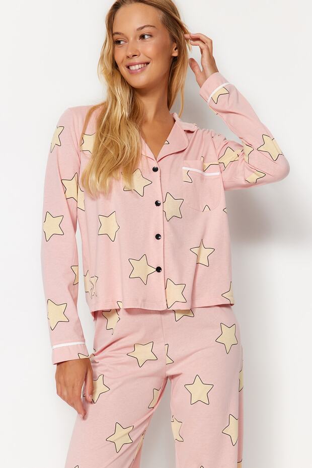 Pudra %100 Pamuklu Yıldız Desenli Örme Pijama Takımı THMAW21PT0456 - 2