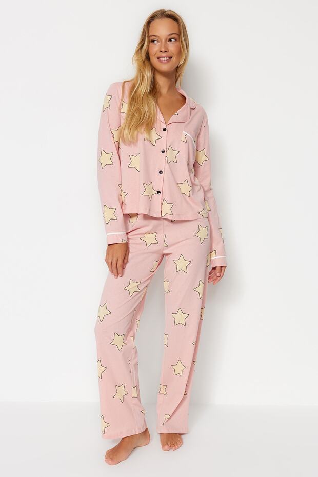 Pudra %100 Pamuklu Yıldız Desenli Örme Pijama Takımı THMAW21PT0456 - 3