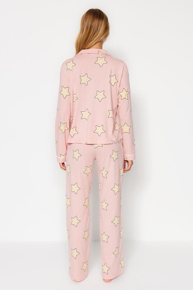 Pudra %100 Pamuklu Yıldız Desenli Örme Pijama Takımı THMAW21PT0456 - 7