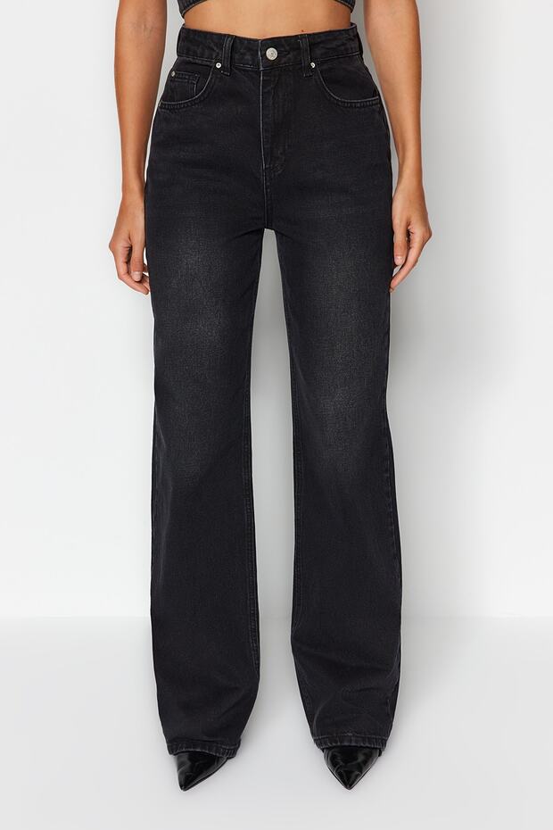 Siyah Yüksek Bel Wide Leg Geniş Paça %100 Pamuk Non-Stretch Jeans TWOAW24JE00074 - 4