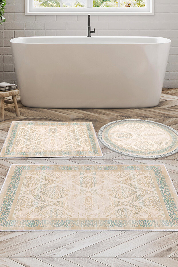 Eco Trend DJT 3-Piece Washable Non-Slip Base Bathroom Mat Set 1376 Classic Light Turquoise