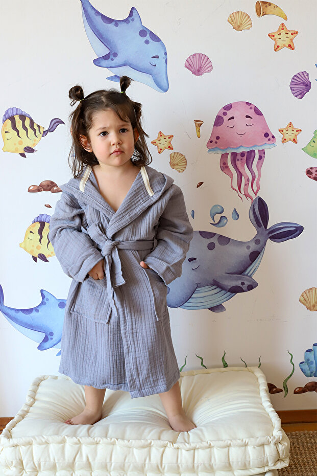 Muslin Baby Kids Bathrobe, 100% Cotton 4 Layers Gray