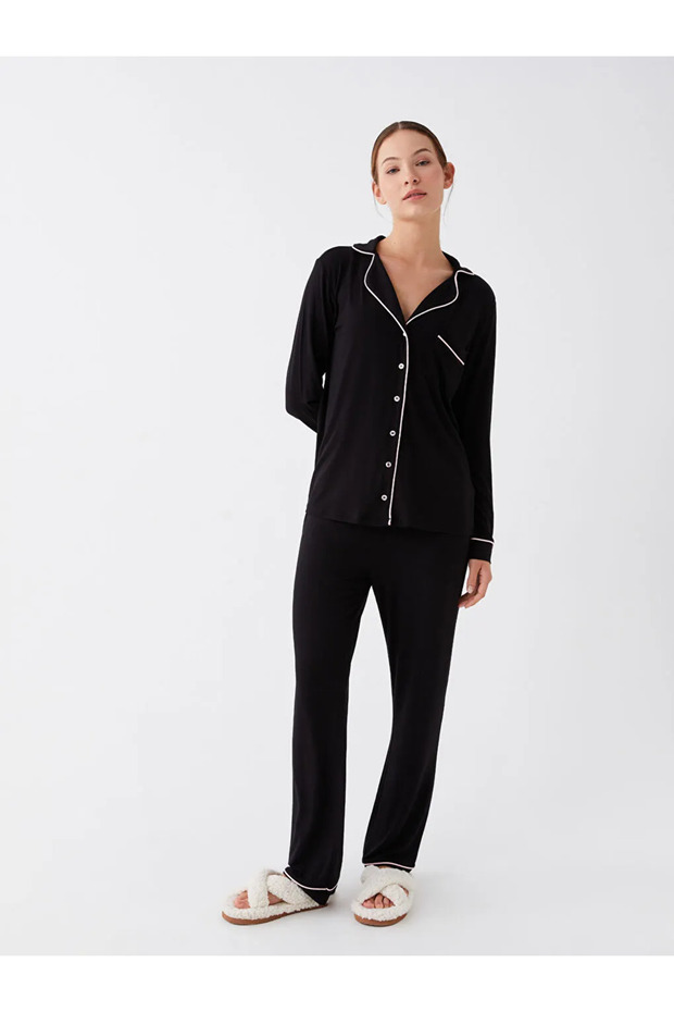 LCW DREAM Gömlek Yaka Düz Uzun Kollu Kadın Pijama Takımı - 8
