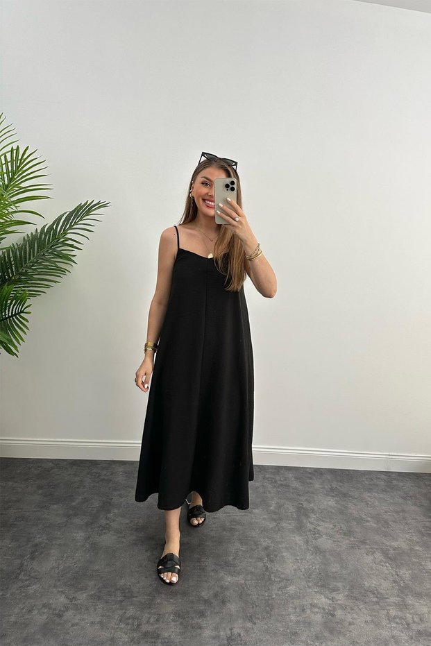 Long Casual Linen Dress with Rope Straps Black