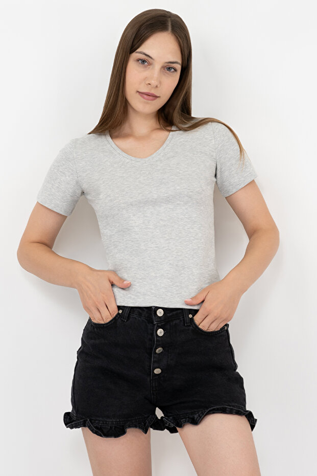 Women's Gray Cotton V-Neck Short Sleeve Blouse