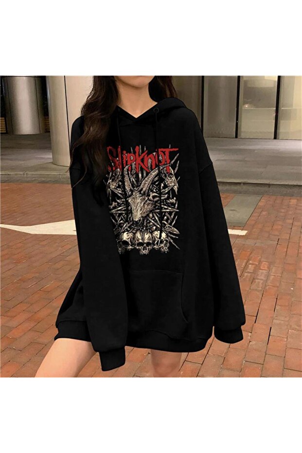 Slipknot Goat Skulls Printed Black Unisex Oversize Hooded Sweatshirt