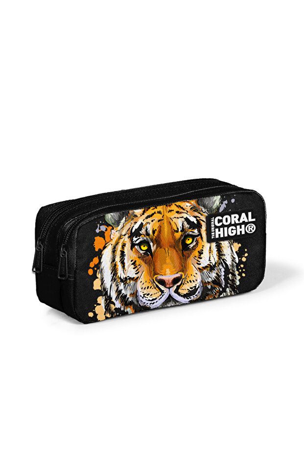 Coral High Kids Black Tiger Patterned Two Compartment Pencil Bag 22186