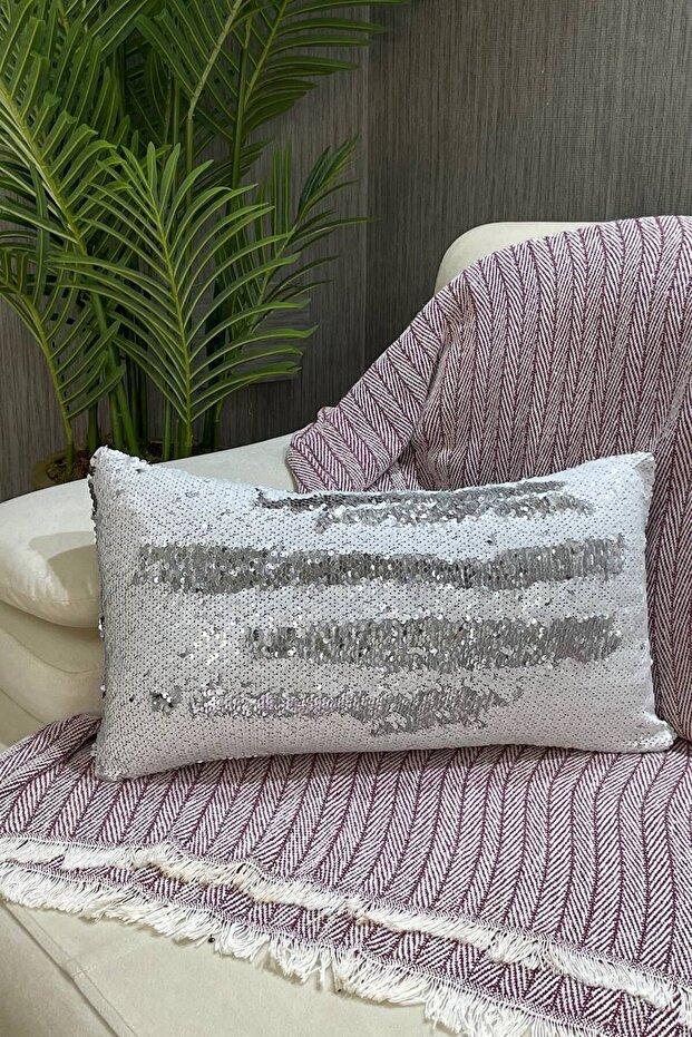 Sequined Reversible Rectangular Throw Pillow Case - White & Silver - 1