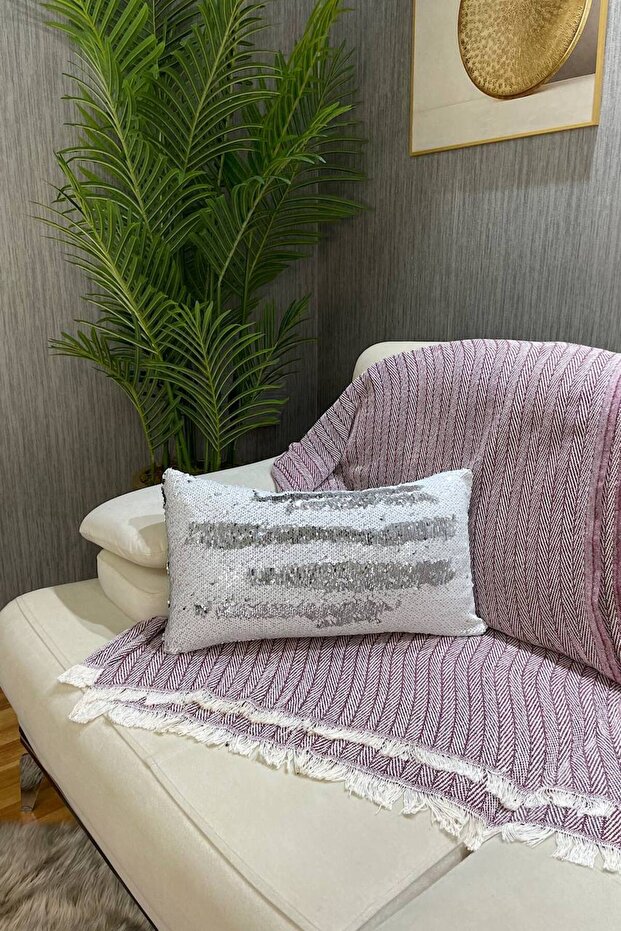 Sequined Reversible Rectangular Throw Pillow Case - White & Silver - 2