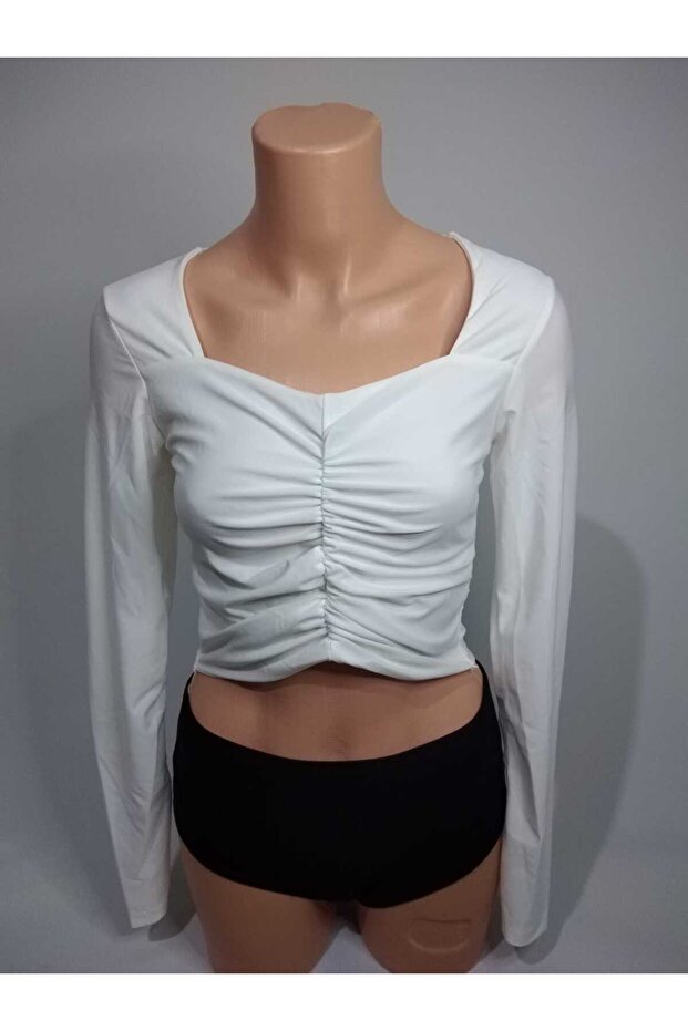 Women's White Gathered Front Long Sleeve Heart Collar Parachute Fabric Crop