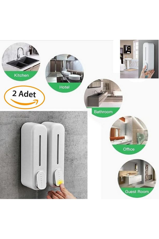 2 Adet Beyaz Renk Sabunluk 350 ml Duvara Monte Sıvı Sabunluk Şampuan Şişesi Soap Dispenser Basmalı - 1
