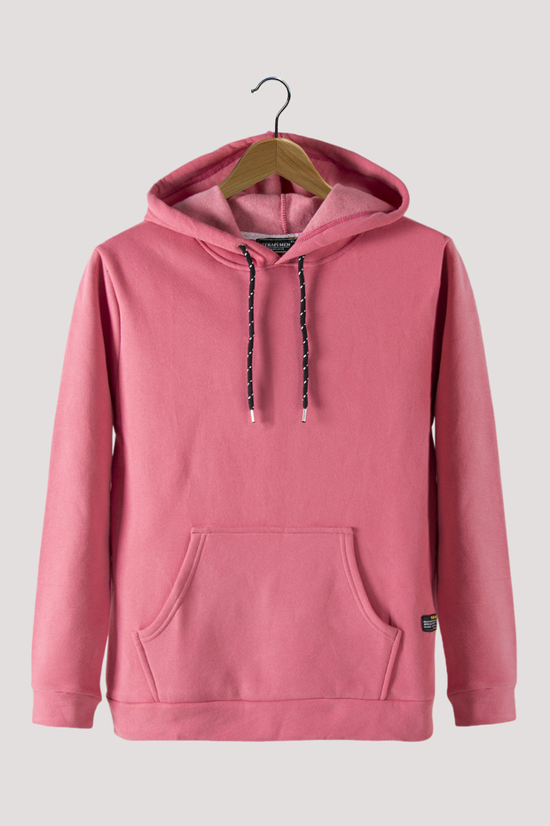 Erkek Koyu Pembe Kapüşonlu Kanguru Cepli Basic Sweatshirt