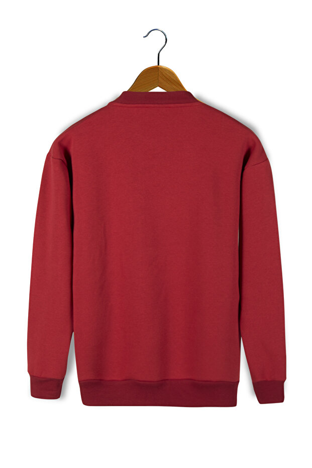 Unisex Red Oversize Thick Three Thread Ribbed Crew Neck Basic Sweatshirt - 4
