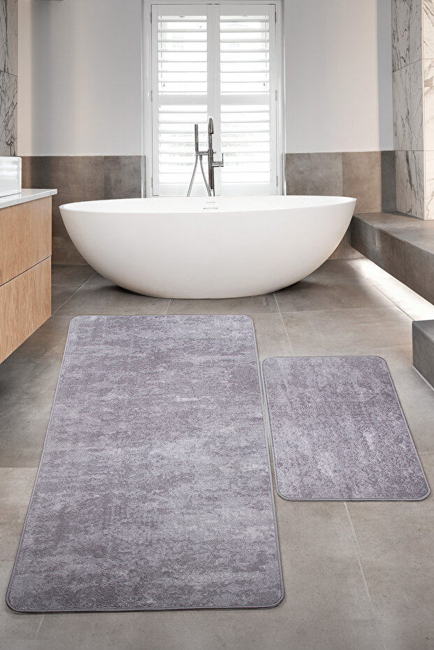 Nova Gray Large Size 80X150 + 50X80 cm 2-Piece Bathroom Rug Set Non-Slip Base Toilet Set