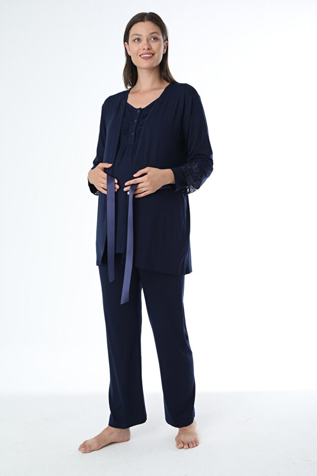 Navy Blue Maternity Long Sleeve Maternity Pajamas Set with Dressing Gown