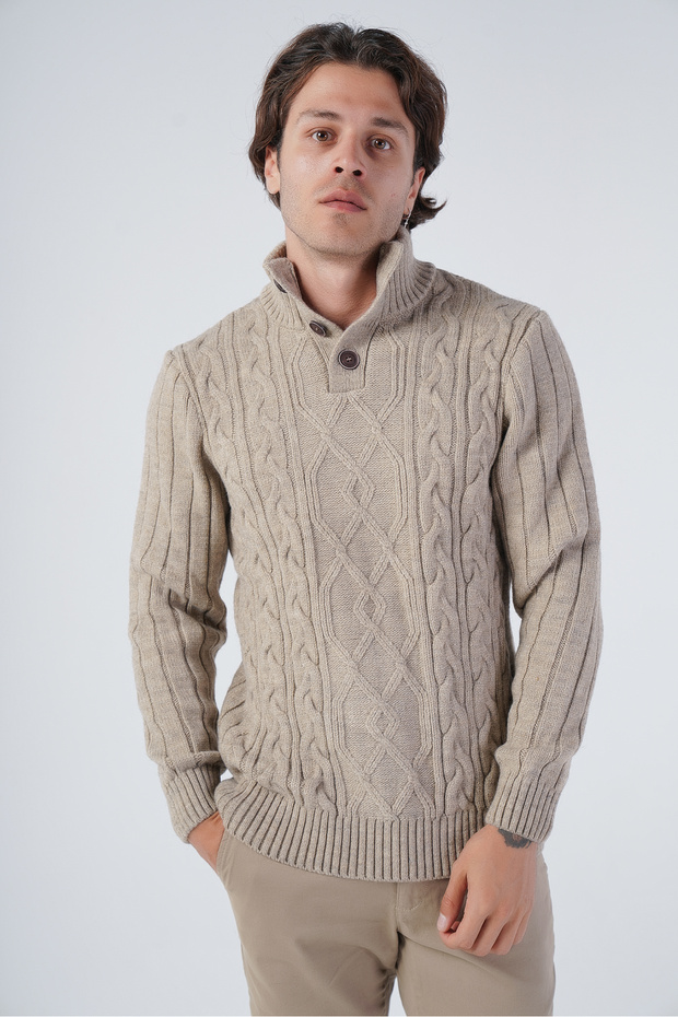Mink Men's Hair Braided Execution Back Sleeve Ribbed Buttoned Knitwear Wool Sweater