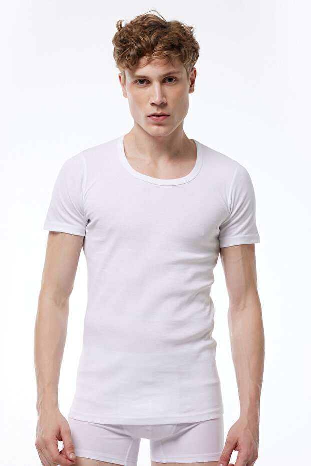 Men's White 6 Pack 100% Cotton Wide Collar Ribbed Undershirt 035-e