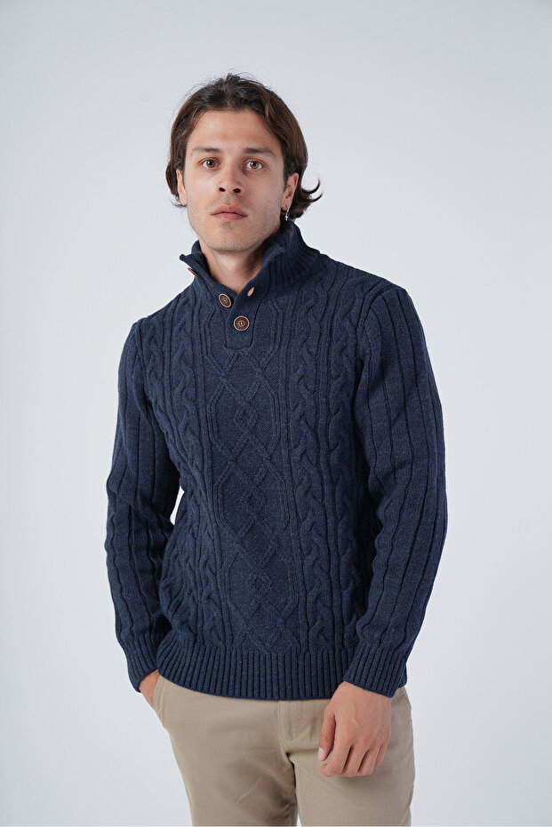 Navy Blue Men's Hair Braided Execution Back Sleeve Ribbed Buttoned Knitwear Wool Sweater