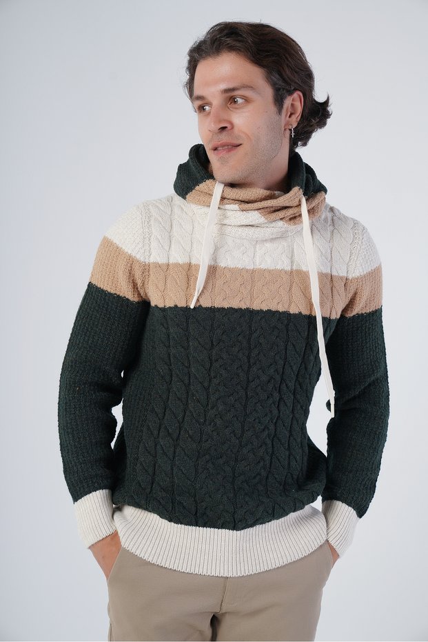 Beige-Khaki Men's Braided Patterned Shawl Collar Knitwear Wool Sweater