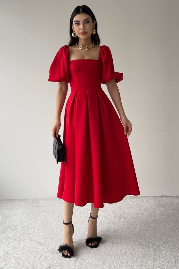 Women's Atlas Fabric Short Balloon Sleeve Strapless Collar Pleated Flared Cut Midi Length Red Dress 167