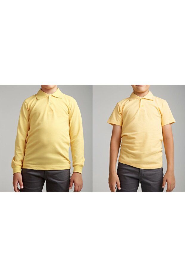 Unisex Children's Short - Long Sleeve Regular Fit Polo Collar Solid Color School Combed Lacoste T-Shirt Double Pack