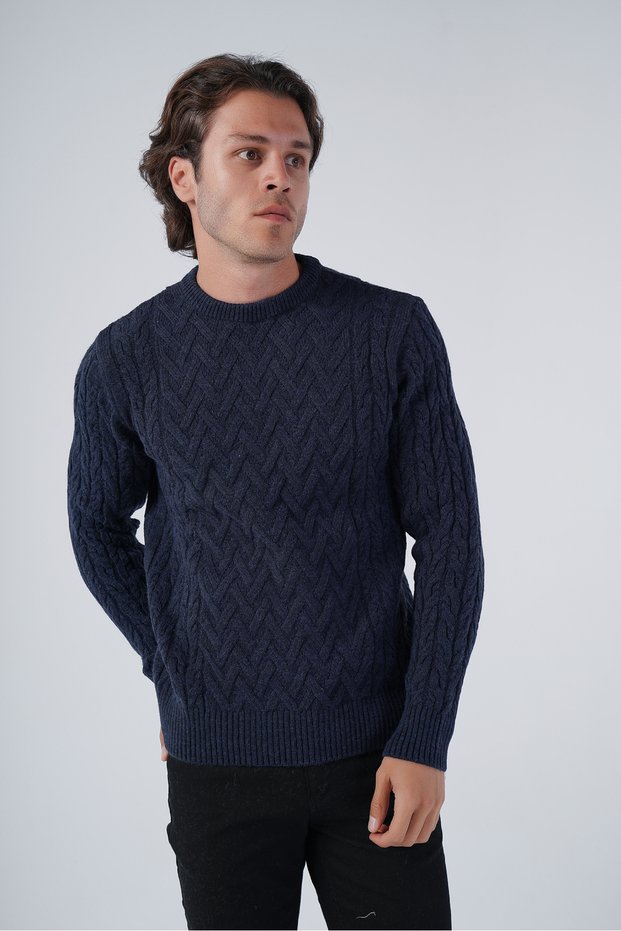 Navy Blue Men's Execution Hair Basket Knit Crew Neck Knitwear Wool Sweater Trıst-5309