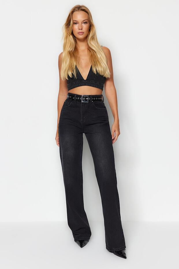Siyah Yüksek Bel Wide Leg Geniş Paça %100 Pamuk Non-Stretch Jeans TWOAW24JE00074 - 3