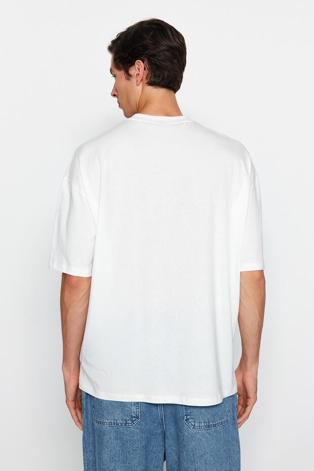 Ekru Oversize %100 Pamuklu Minimal Yazı Baskılı Tok Kumaş T-shirt TMNSS23TS00084 - 2
