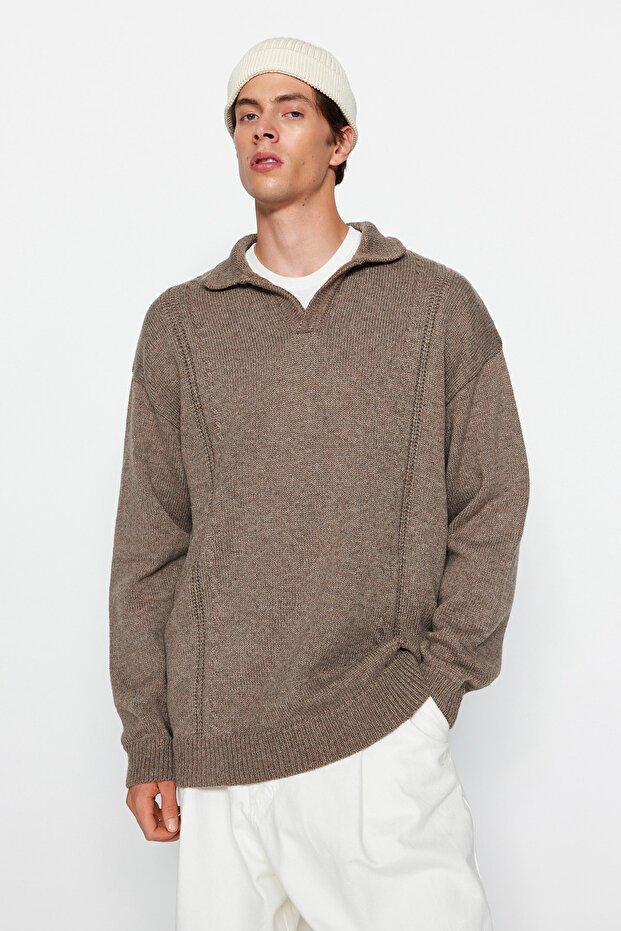 Vizon Oversize Fit Yünlü Geniş Kalıp Polo Yaka Triko Kazak TMNAW24KZ00049 - 2
