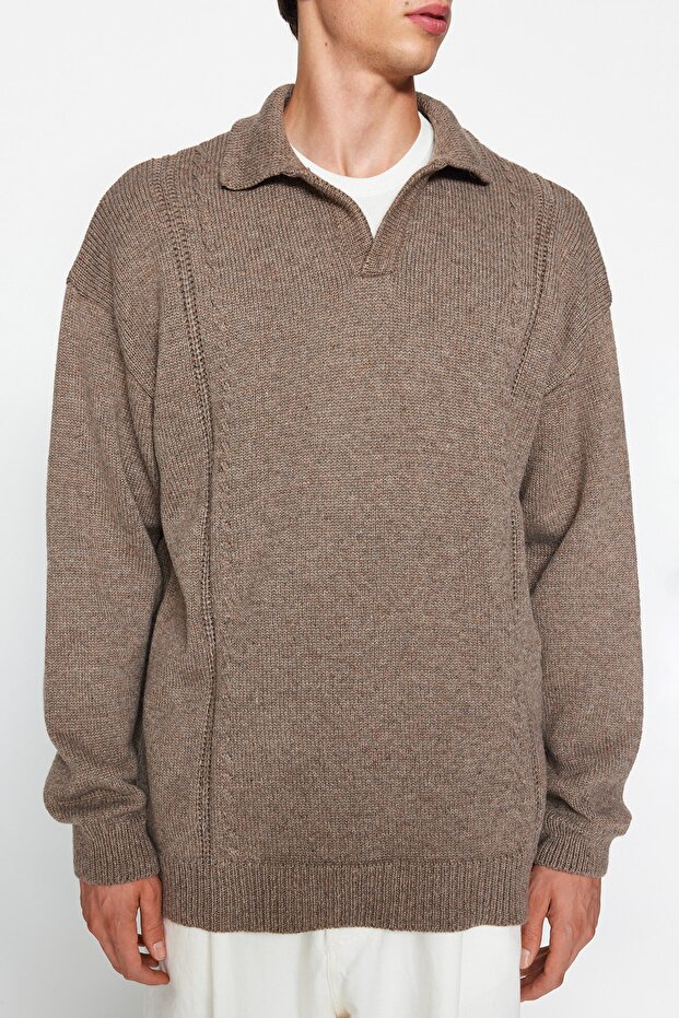 Vizon Oversize Fit Yünlü Geniş Kalıp Polo Yaka Triko Kazak TMNAW24KZ00049 - 3