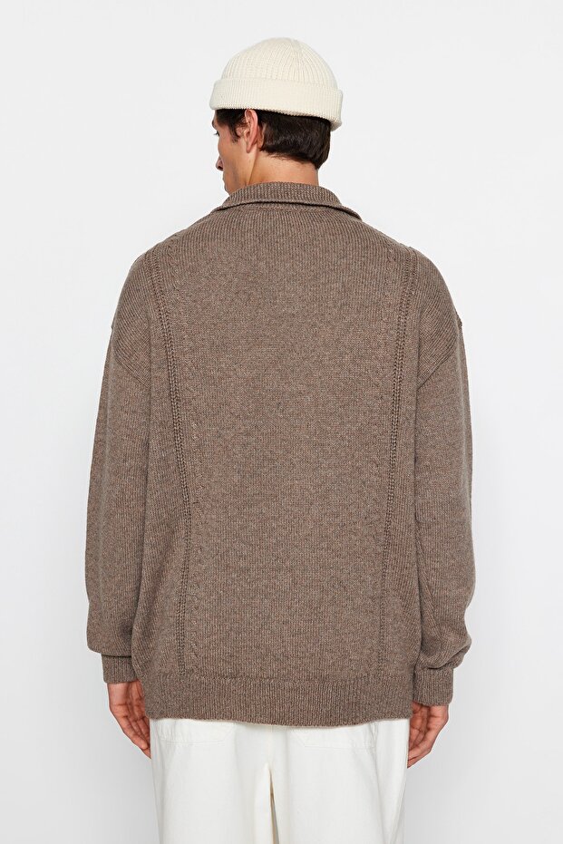 Vizon Oversize Fit Yünlü Geniş Kalıp Polo Yaka Triko Kazak TMNAW24KZ00049 - 4